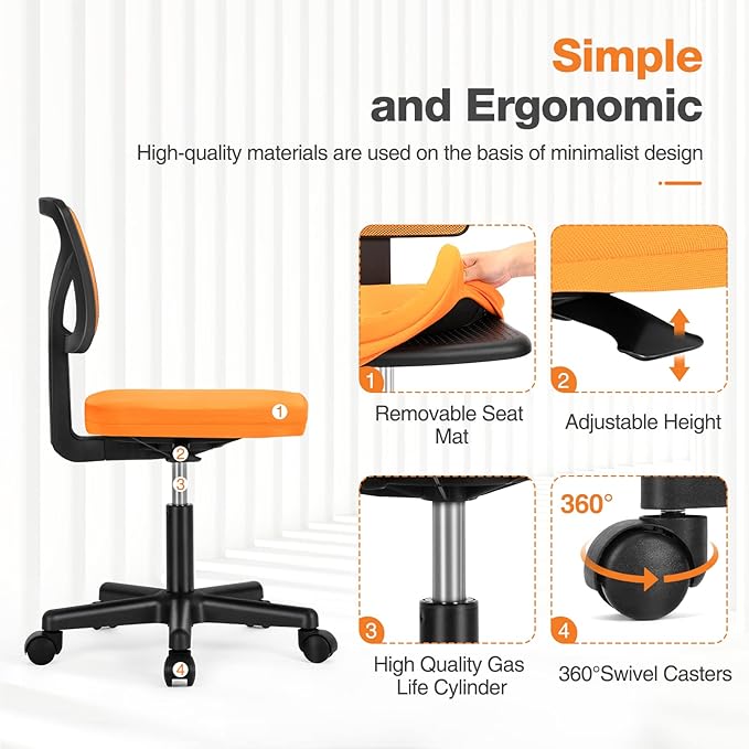 Armless Small Home Office Desk Chair, Ergonomic Low Back Computer Chair, Adjustable Rolling Swivel Task Chair with Lumbar Support for Small Space, 1 Pack, Orange - LeafyLoom