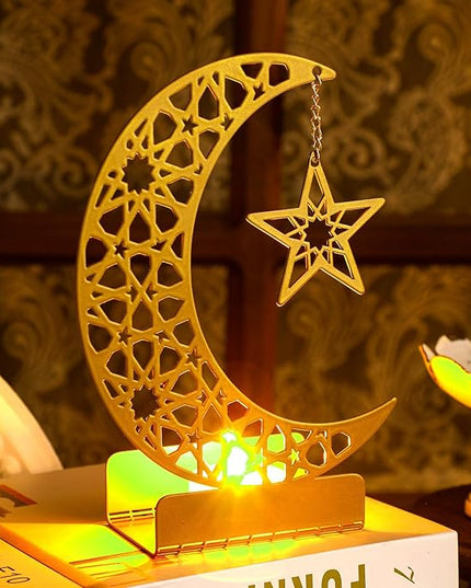Eid Crafts Night Light 3D Metal Ramadan Eid Mubarak Ornaments Ramadan Decorations Ramadan Table Decor Ramadan Mubarak Light with 2 LED Candles for Home Eid Party Supplies (Stylish) - LeafyLoom