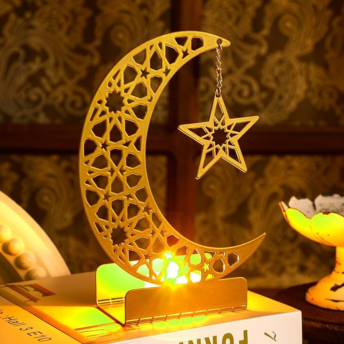 Eid Crafts Night Light 3D Metal Ramadan Eid Mubarak Ornaments Ramadan Decorations Ramadan Table Decor Ramadan Mubarak Light with 2 LED Candles for Home Eid Party Supplies (Stylish) - LeafyLoom