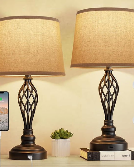 PARTPHONER Set of 2 Table Lamps with USB Port, Farmhouse Bedside Lamps with 3-Color Temperature, Nightstand Lamp Large Cream Drum Shade Spiral Cage Base Desk Lamps for Living Room, Home Bedroom - LeafyLoom