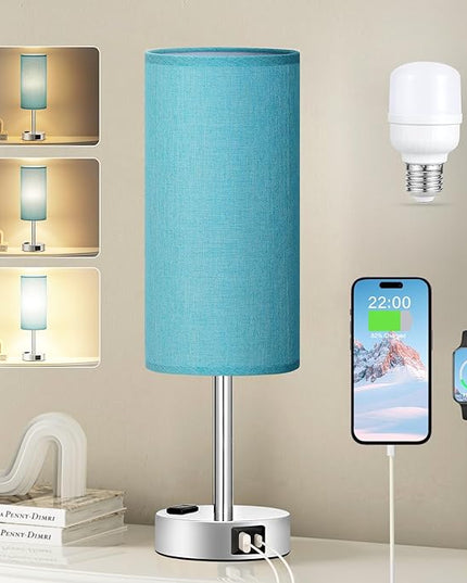 Turquoise Nightstand Table Lamp for Bedroom - 3 Way Dimmable Touch Lamp USB A and C Charging Ports and AC Outlet, Small Lamp for Office Desk with Metal Base, LED Bulb Included - LeafyLoom
