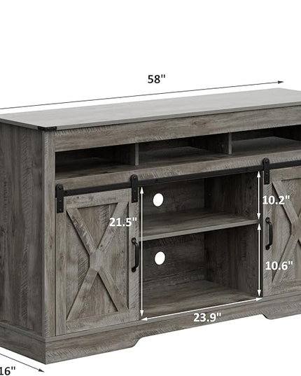 Farmhouse Stand for TVs up to 65+ Inch Tall Entertainment Center with Sliding Barn Door, Console Storage Cabinet for Bedroom, Living Room, Light Grey - LeafyLoom