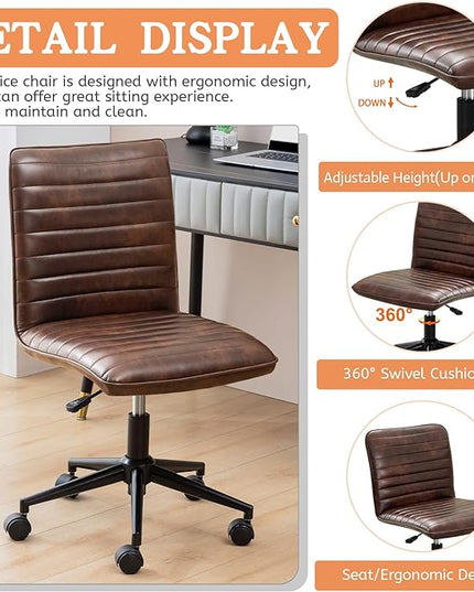 Furniliving Leather Home Office Chair, Armless Vanity Desk Task Chair with Wheels 360° Swivel Computer Rolling Desk Chair with Back, Adjustable Accent Chair with Base Stool - LeafyLoom