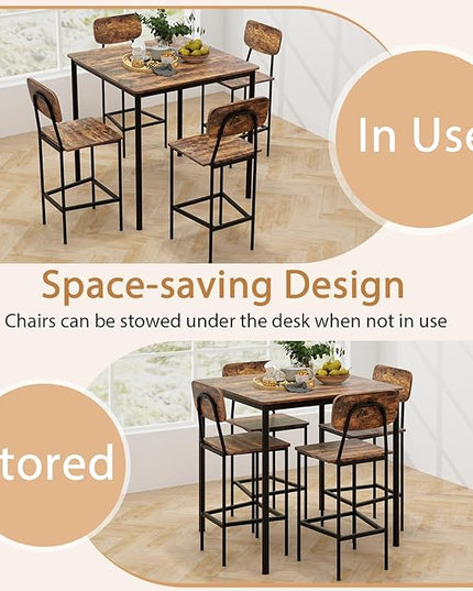 GOFLAME 5-Piece Dining Table Set for Small Space, Kitchen Table and Chairs Set for 4 with Steel Frame, Square Breakfast Table Set, Industrial Counter Height Table Set for Home Restaurant, Rustic Brown - LeafyLoom