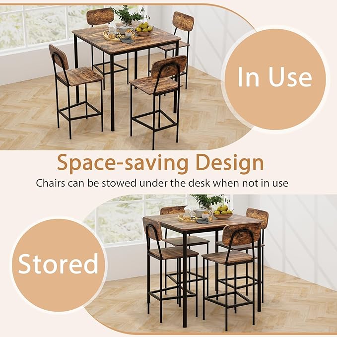 GOFLAME 5-Piece Dining Table Set for Small Space, Kitchen Table and Chairs Set for 4 with Steel Frame, Square Breakfast Table Set, Industrial Counter Height Table Set for Home Restaurant, Rustic Brown - LeafyLoom