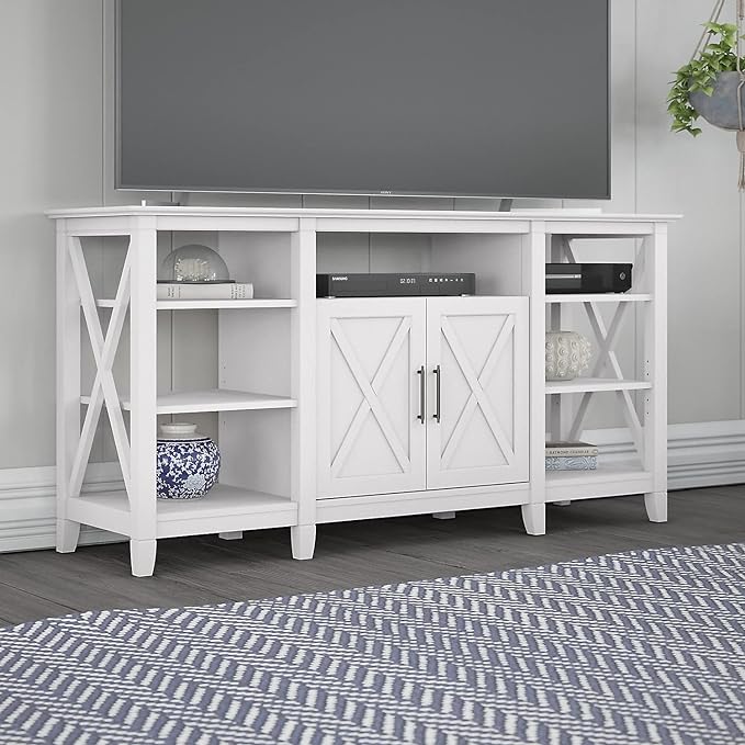 Bush Furniture Key West Tall TV Stand for 65 Inch TV in Pure White Oak, Farmhouse Entertainment Center with Storage - LeafyLoom