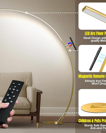 Torondo Dimmable LED Floor Lamp with 3 Color Temperatures, Ultra Bright 2000LM Gold Arc Floor Lamp, Modern Standing Tall Lamp with Remote Control Reading Floor Lamp for Bedroom Office Classroom - LeafyLoom