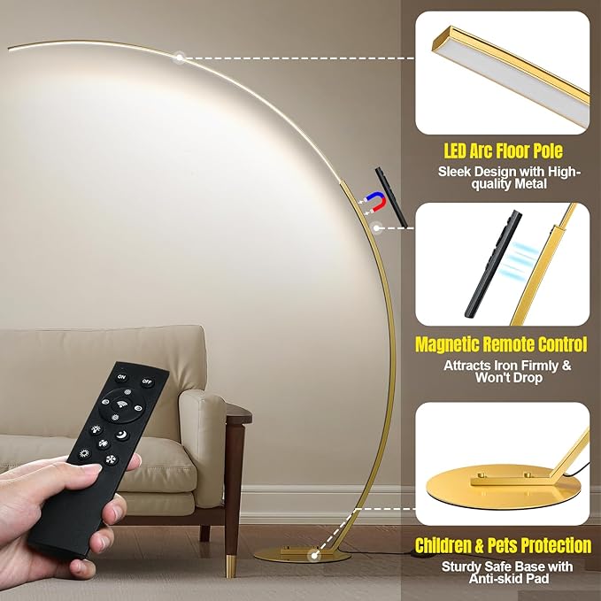 Torondo Dimmable LED Floor Lamp with 3 Color Temperatures, Ultra Bright 2000LM Gold Arc Floor Lamp, Modern Standing Tall Lamp with Remote Control Reading Floor Lamp for Bedroom Office Classroom - LeafyLoom