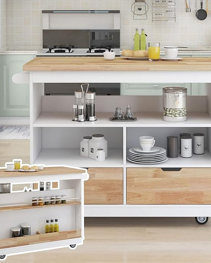 Rolling Storage, Two-sided Kitchen Island Cart on Wheels with Wood Top, Wine and Spice Rack, 2 Drawers, 3 Open Compartments, for Dining Room, Home, White, 46 Inch - LeafyLoom