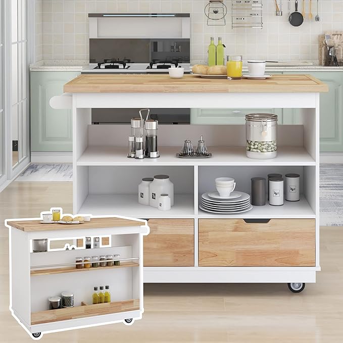 Rolling Storage, Two-sided Kitchen Island Cart on Wheels with Wood Top, Wine and Spice Rack, 2 Drawers, 3 Open Compartments, for Dining Room, Home, White, 46 Inch - LeafyLoom