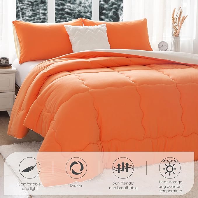 COTTEBED Warm Reversible Ultra-Soft Burnt Orange and Beige Comforter Set Queen, Breathable Fluffy Bedding Down Comforters Sets &2 Pillowshams for Women Girls Winter, Full/Queen Size Bed - LeafyLoom