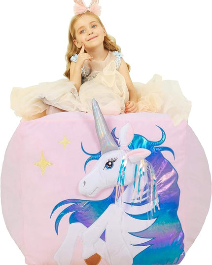 Kids Unicorn Bean Bag Chairs for Organizing Stuffed Animals, Girls Room Decorations Chair, Velvet Fabric Super Soft Large Size Cover Only - LeafyLoom