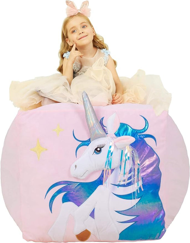 Kids Unicorn Bean Bag Chairs for Organizing Stuffed Animals, Girls Room Decorations Chair, Velvet Fabric Super Soft Large Size Cover Only - LeafyLoom