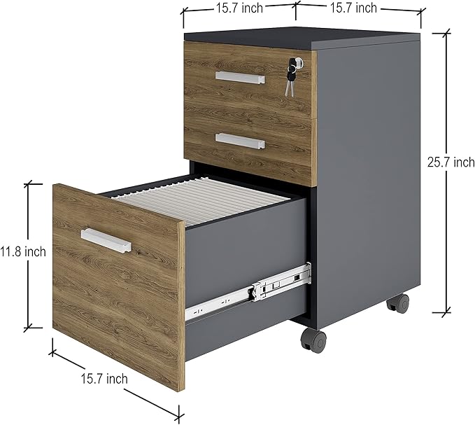 Lazio File Cabinet with Lock - Filing Cabinet for Home and Office - 3 Drawer Small Rolling File Cabinet -Wood Printer Stand with Storage for A4 Size/Legal Documents, File Folders (Cass Walnut/Black) - LeafyLoom