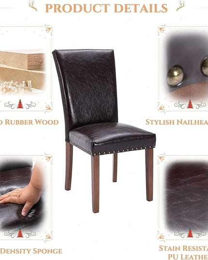Parsons Dining Chairs Set of 4, Upholstered Nailhead PU Leather Dining Room Kitchen Side Chair with Thick Cushions and Wood Legs, Dark Brown - LeafyLoom