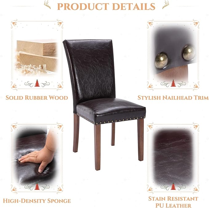 Parsons Dining Chairs Set of 4, Upholstered Nailhead PU Leather Dining Room Kitchen Side Chair with Thick Cushions and Wood Legs, Dark Brown - LeafyLoom