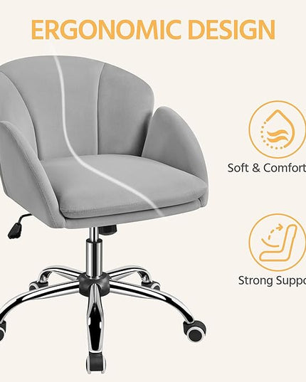 Yaheetech Cute Velvet Desk Chair for Home Office, Makeup Vanity Chair with Armrests for Bedroom Modern Swivel Rolling Chair for Women Light Gray - LeafyLoom
