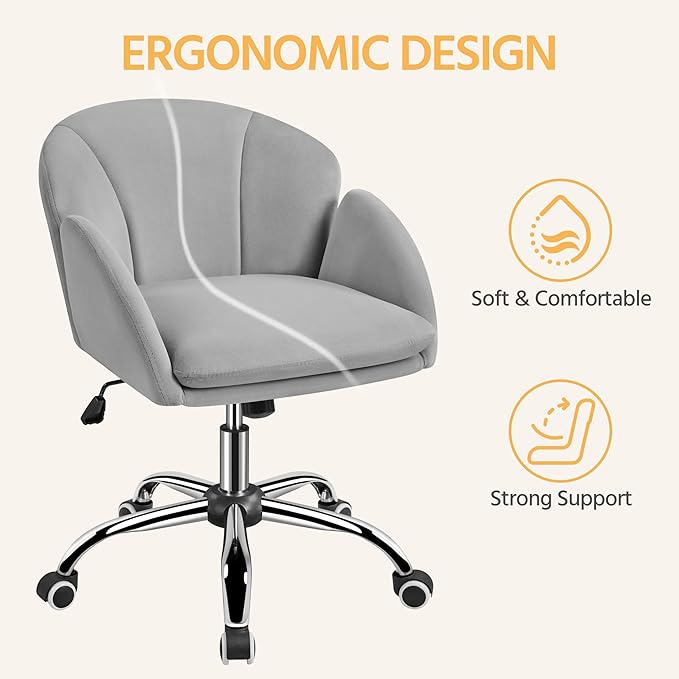 Yaheetech Cute Velvet Desk Chair for Home Office, Makeup Vanity Chair with Armrests for Bedroom Modern Swivel Rolling Chair for Women Light Gray - LeafyLoom