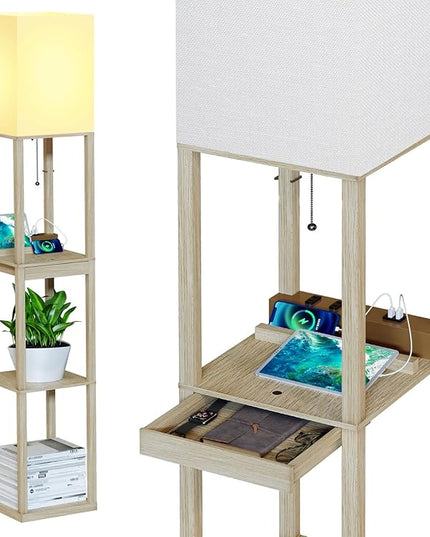 SUNMORY Floor Lamp with Shelves,Modern Dimmable Wood Standing Lamp with 1 Drawer and 2 USB Ports & 2 Power Outlet,Corner Tall Bookshelf Lamp for Living Room and Bedroom(Wood Color) - LeafyLoom