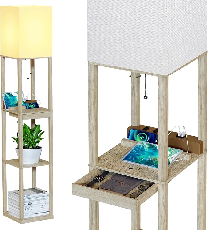 SUNMORY Floor Lamp with Shelves,Modern Dimmable Wood Standing Lamp with 1 Drawer and 2 USB Ports & 2 Power Outlet,Corner Tall Bookshelf Lamp for Living Room and Bedroom(Wood Color) - LeafyLoom
