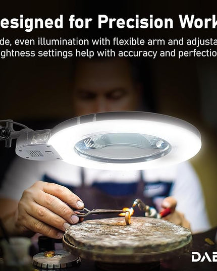 Desk Magnifying Glass with Light - DAEV - 7" Large LED Magnifying Glass with Clamp, Easy Change 5D (2.25X) and 3D (1.75X) Glass. 1600 Lumen, 6500K CCT Dimmable LED Magnifier with Light, White - LeafyLoom