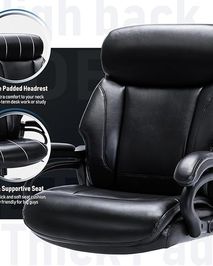Big and Tall Office Chair 400lbs-Heavy Duty Executive Desk Chair with Extra Wide Seat, High Back Ergonomic Leather Computer Chair with Tilt Rock, Padded Armrests-Black - LeafyLoom
