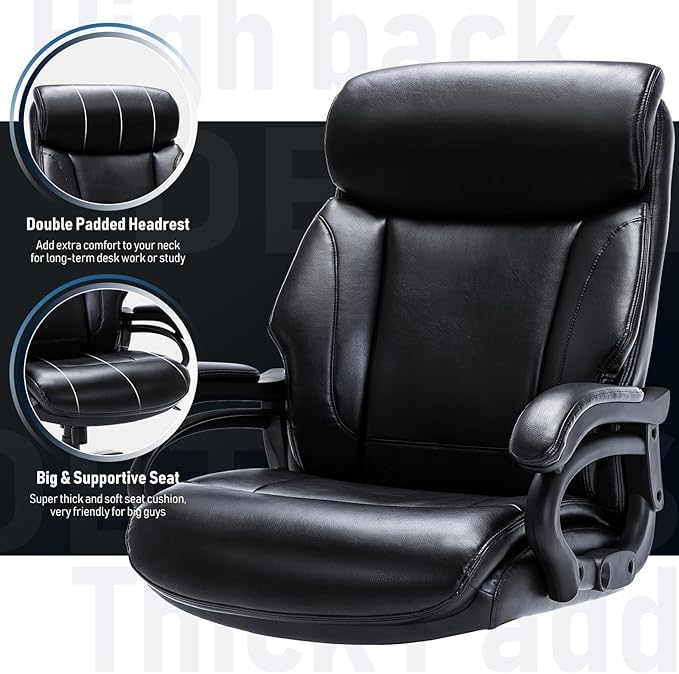 Big and Tall Office Chair 400lbs-Heavy Duty Executive Desk Chair with Extra Wide Seat, High Back Ergonomic Leather Computer Chair with Tilt Rock, Padded Armrests-Black - LeafyLoom