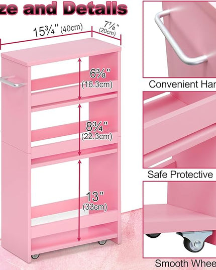 MARTY Rolling Storage Cart 7.9" W, Pink 4-Tier Wood Slim Kitchen Cart on Wheels, Laundry Room Organization with Handle Mobile Bookshelf Utility Cart Trolley for Kitchen Bathroom - LeafyLoom