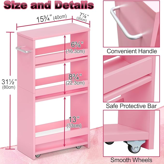 MARTY Rolling Storage Cart 7.9" W, Pink 4-Tier Wood Slim Kitchen Cart on Wheels, Laundry Room Organization with Handle Mobile Bookshelf Utility Cart Trolley for Kitchen Bathroom - LeafyLoom