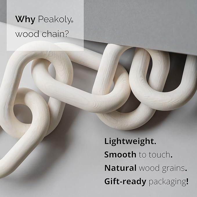 Wood Chain Link Decor - Rustic White Washed Decorative Chain, Coffee Table Decor, Book Shelf Decor Accents, Made from Pine Wood, Bookshelf Decor,Boho, Country or Modern Home Décor for Shelves - LeafyLoom