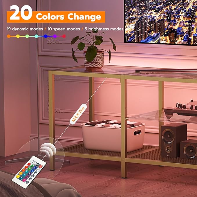 HOOBRO TV Stand with LED Lights and Power Outlets for TVs up to 75", Modern 63 Inch Tempered Glass TV Console Table with Open Shelves, Media Entertainment Center for Living Room, Gold GD165UDS01 - LeafyLoom