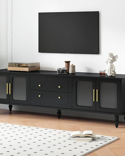 Merax Retro Design TV Stand with Fluted Glass Doors and 2 Drawers and Cabinets for Televisions Up to 78'', Practical Media Console, Elegant Entertainment Center for Living Room, Black - LeafyLoom
