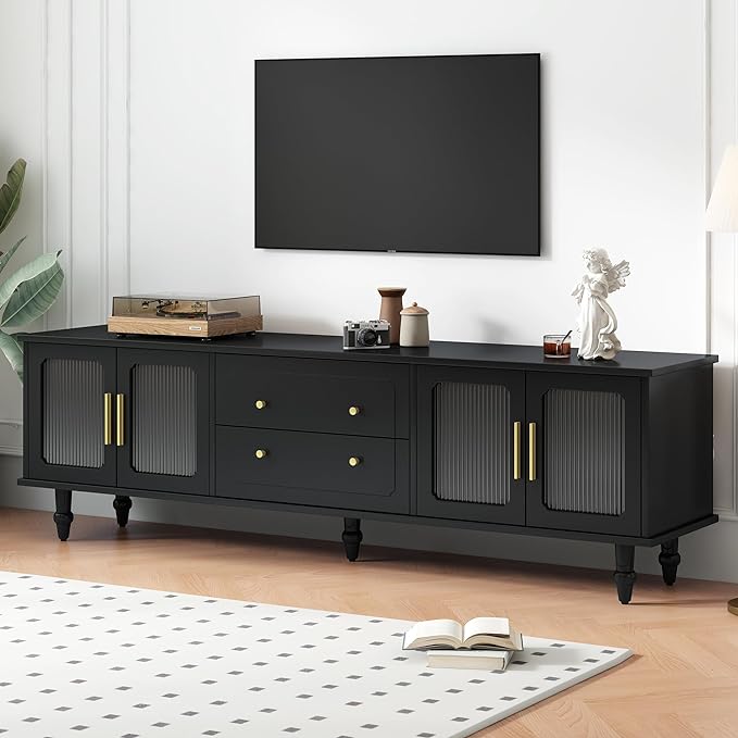 Merax Retro Design TV Stand with Fluted Glass Doors and 2 Drawers and Cabinets for Televisions Up to 78'', Practical Media Console, Elegant Entertainment Center for Living Room, Black - LeafyLoom