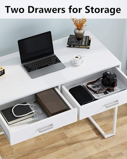 Tribesigns 40 Inch White Computer Desk, White Writing Desk with 2 Drawers, Modern Simple Study Desk Makeup Vanity Table for Bedroom Small Spaces - LeafyLoom