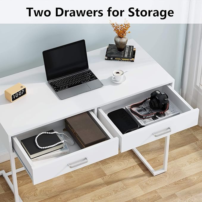 Tribesigns 40 Inch White Computer Desk, White Writing Desk with 2 Drawers, Modern Simple Study Desk Makeup Vanity Table for Bedroom Small Spaces - LeafyLoom