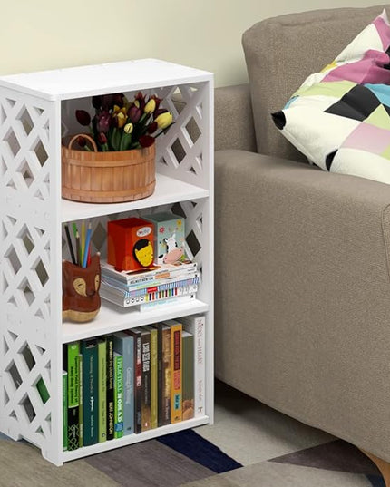 Bookcase 4 Tier, 3-Shelf Kids Bookshelf - Compact Book Organizer and Open Shelf Rack for Bedroom, Living Room, Office, Bathroom - Ideal Small Bookcase for Small Spaces - White - LeafyLoom