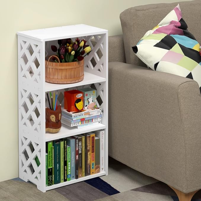 Bookcase 4 Tier, 3-Shelf Kids Bookshelf - Compact Book Organizer and Open Shelf Rack for Bedroom, Living Room, Office, Bathroom - Ideal Small Bookcase for Small Spaces - White - LeafyLoom