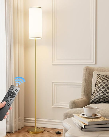 Floor Lamp for Living Room, Modern Standing lamp with Remote Control, Stepless Dimmable 12W Bulb & Beige Lampshade Included, Gold Pole Tall Floor Lamp for Bedroom Office - LeafyLoom