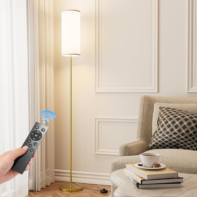 Floor Lamp for Living Room, Modern Standing lamp with Remote Control, Stepless Dimmable 12W Bulb & Beige Lampshade Included, Gold Pole Tall Floor Lamp for Bedroom Office - LeafyLoom