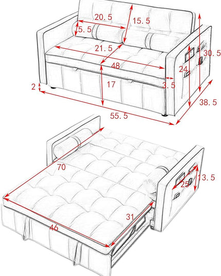3 in 1 Tufted Sleeper Sofa Cylindrical Pillows,Modern Convertible Loveseat Sofá W Pull Out Sleep Couch Bed and Side Pockets,Velvet Upholstered Love Seat Sofabed for Living Room, 55.5", Black1 - LeafyLoom