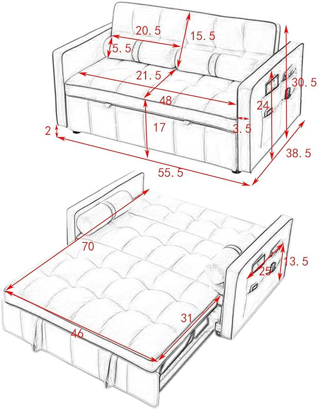 3 in 1 Tufted Sleeper Sofa Cylindrical Pillows,Modern Convertible Loveseat Sofá W Pull Out Sleep Couch Bed and Side Pockets,Velvet Upholstered Love Seat Sofabed for Living Room, 55.5", Beige1 - LeafyLoom