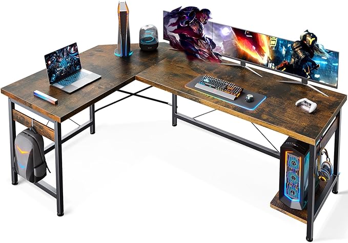 Coleshome 59" L Shaped Gaming Desk, Corner Computer Sturdy Home Office Table, Writing Larger Workstation, Vintage - LeafyLoom