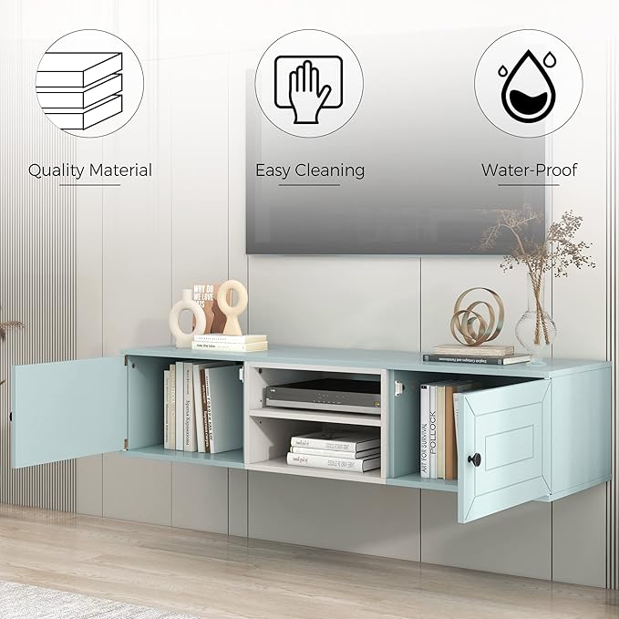 Merax Floating TV Stand for Televisions up to 65" with Large Storage and Adjustable Shelves, Modern Wall Mounted Entertainment Center for Living Room, Bedroom, Cable Management Media Console, Blue - LeafyLoom