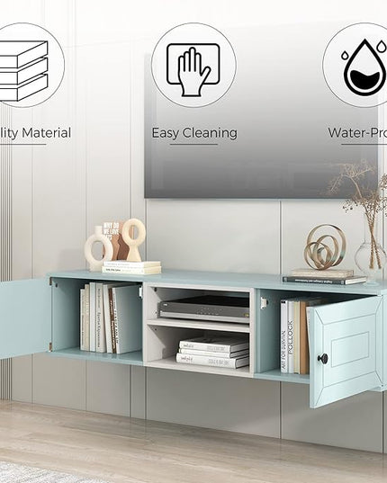 Mounted Floating TV Stand for TVs up to 65'', TV Console with 3 Levels Adjustable shelves, Magnetic Cabinet Door and Cable Management, Entertainment Center for Living Room, Light Blue - LeafyLoom