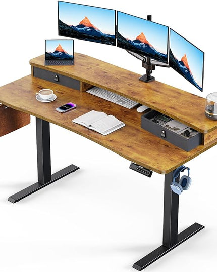 HUANUO 55″ x 26″ Electric Standing Desk with 2 Drawers, C-Clamp Mount Compatible, Height Adjustable Computer Desk, Home Office Stand Up Desk with 4 Preset Heights & 2 Hooks, Vintage Brown - LeafyLoom