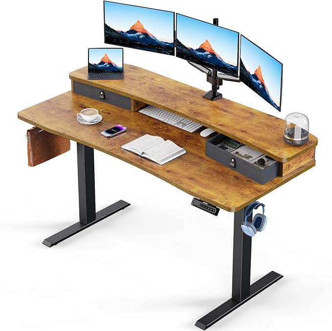 HUANUO 55″ x 26″ Electric Standing Desk with 2 Drawers, C-Clamp Mount Compatible, Height Adjustable Computer Desk, Home Office Stand Up Desk with 4 Preset Heights & 2 Hooks, Vintage Brown - LeafyLoom