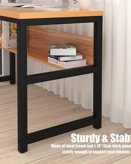TOPSKY Computer Desk with Bookshelf/Metal Hole Cable Cover 1.18" Thick Desk (55", Oak Brown) - LeafyLoom