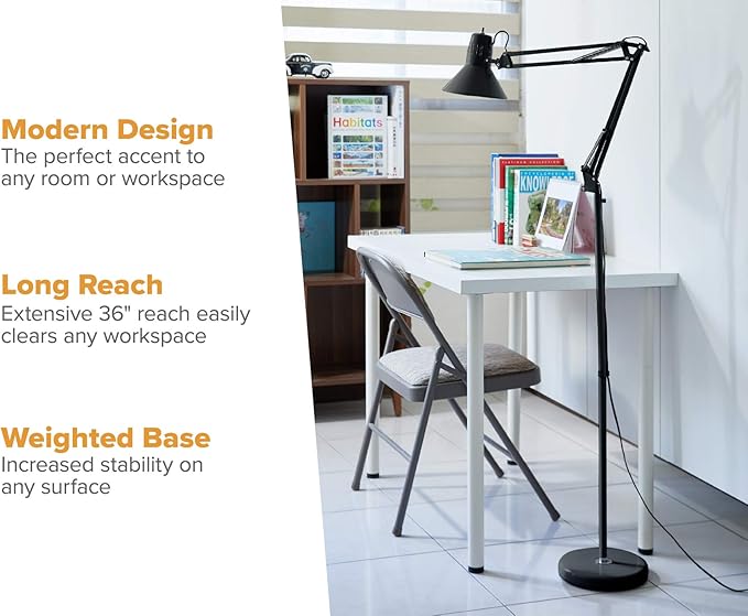 Bostitch Office VLF100F Swing Arm Metal Floor Lamp, 72" Tall with Multi-Joint Adjustment, Includes Replaceable LED Bulb (VLF), Black - LeafyLoom