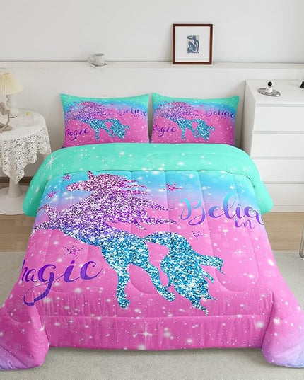 Unicorn Duvet Insert Queen Size,Glitter Starry Sky Comforter Set,Pink Blue Gradient Bedding Set,Sparkel Sequins Animal Down Comforter For Girls Teens Women Youth,3Pcs Magical Unicorn Quilt Comforter - LeafyLoom