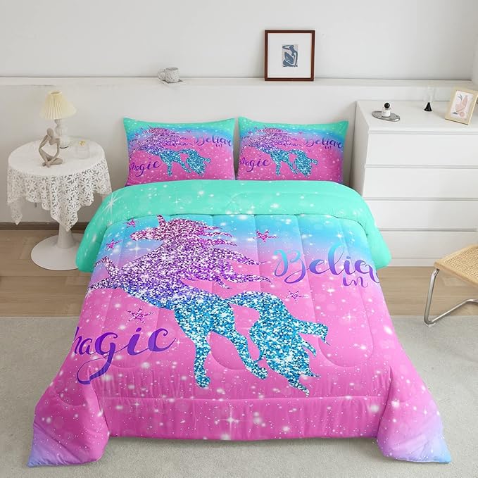 Unicorn Duvet Insert Queen Size,Glitter Starry Sky Comforter Set,Pink Blue Gradient Bedding Set,Sparkel Sequins Animal Down Comforter For Girls Teens Women Youth,3Pcs Magical Unicorn Quilt Comforter - LeafyLoom